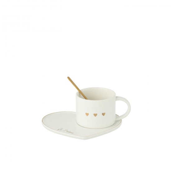 J Line Tasse Sous Tasse Cuillere 3Coeur Ceramique Blanc Or JLine 49106 by Jolipa 49106 Prix par pièce.