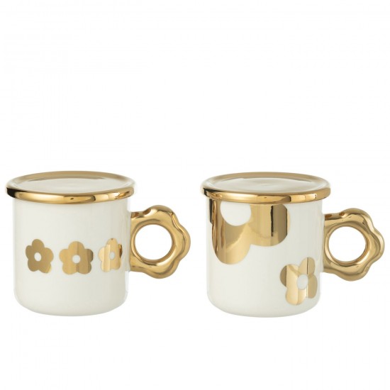 J Line Tasse Sous Tasse Fleur Ceramique Blanc Or JLine 49107 by Jolipa 49107 Assortiment de 2 pcs.