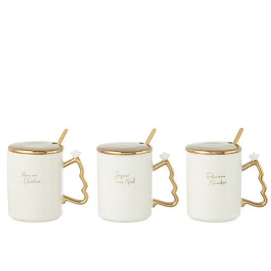 J Line Tasse Xmas Ceramique Blanc Or JLine 49108 by Jolipa 49108 Assortiment de 3 pcs.