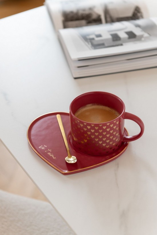 Jolipa Tasse Sous Tasse Cuillere Coeur Ceramique Rouge.