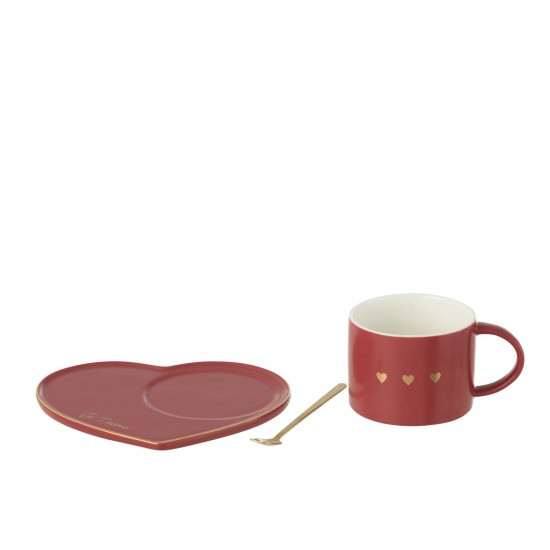 J-Line J Line tasses de cafe Jolipa Tasse Sous Tasse Cuillere 3Coeur Ceramique Rouge.