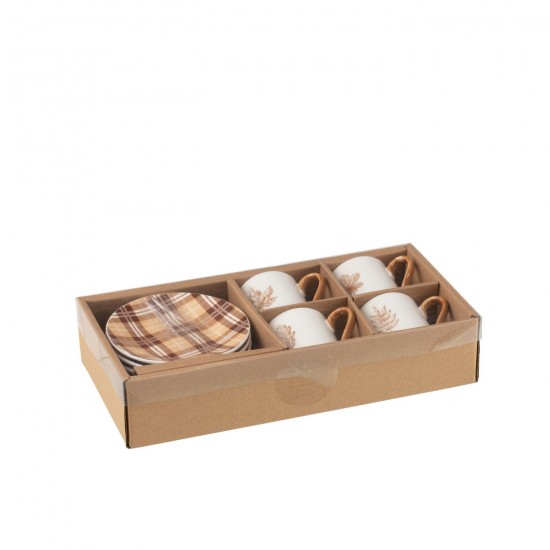 J-Line J Line tasses de cafe Jolipa Boite 4 Tasse A Cafe Sous Tasse Feuille Boite Cadeau Ceramique Marron Small.