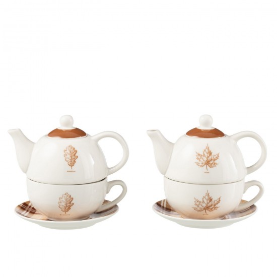 J Line Tea For One Feuille Boite Cadeau Ceramique Marron JLine 49231 by Jolipa 49231 Assortiment de 2 pcs.