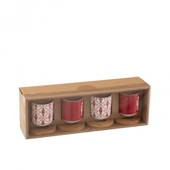 J-Line J Line tasses de cafe Jolipa Boite 4 Tasse A Cafe Sous Tasse Bambou Casse Noisette Boite Cadeau Ceramique Rouge.
