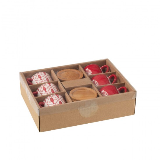 J-Line J Line tasses de cafe Jolipa Boite 6 Tasse A Cafe Sous Tasse Bambou Casse Noisette Boite Cadeau Ceramique Rouge.