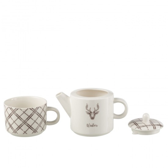 J-Line J Line théières Jolipa Theiere Tasse Renne Boite Cadeau Ceramique Blanc Marron.