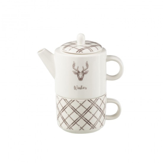 J Line Theiere Tasse Renne Boite Cadeau Ceramique Blanc Marron JLine 49245 by Jolipa 49245.