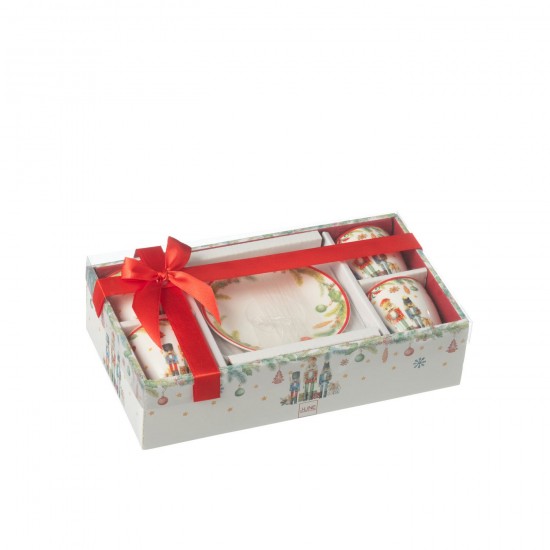 J-Line J Line série de vaisselle Jolipa Boite 4 Tasse Cafe Sous Tasse Casse Noisette Ceramique Blanc.