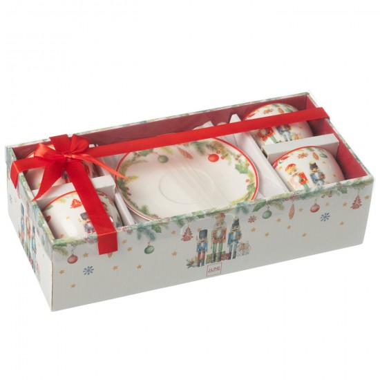 J-Line J Line série de vaisselle Jolipa Boite 4 Tasse The Sous Tasse Casse Noisette Ceramique Blanc.