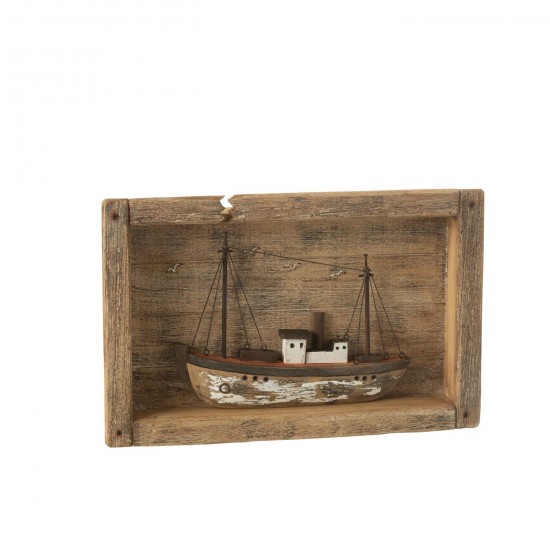 J Line Bateau Dans Cadre Bois De Paulownia Naturel Blanc L42xB6xH27 cm JLine 50183 by Jolipa 50183.