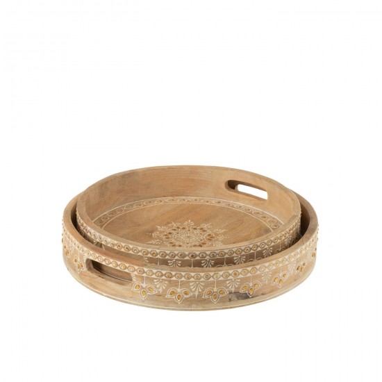 J-Line J Line Plateau de service plateaux de service Set 2 Plateaux 2 Anses Perles Bois De Manguier Naturel Blanc.