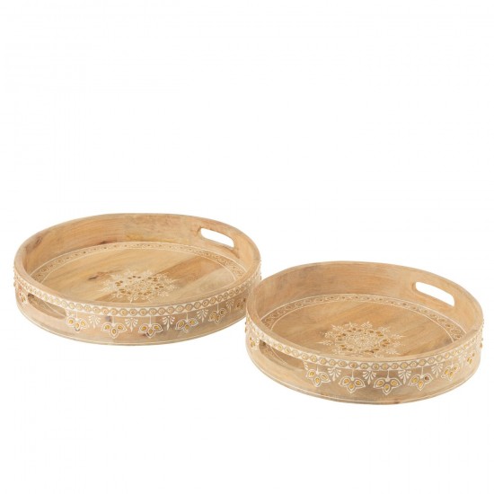 J Line Set 2 Plateaux 2 Anses Perles Bois De Manguier Naturel Blanc L40xB40xH6 cm JLine 50581 by Jolipa 50581.