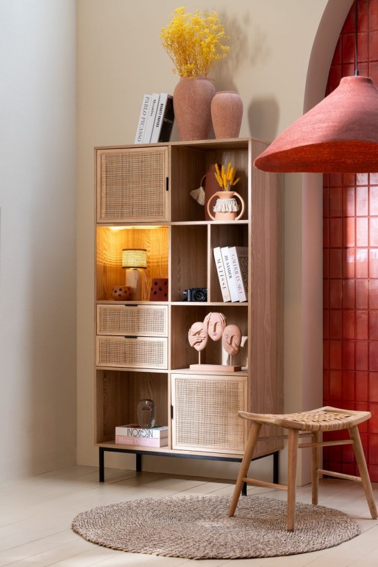 J-Line J Line tabourets ronds Tabouret Rectangle Rotin Bois De Sapin Naturel.