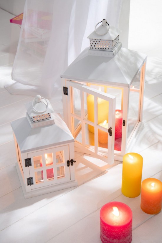 Jolipa Set 2 Lanterne Maisons Bois De Sapin Metal Blanc.