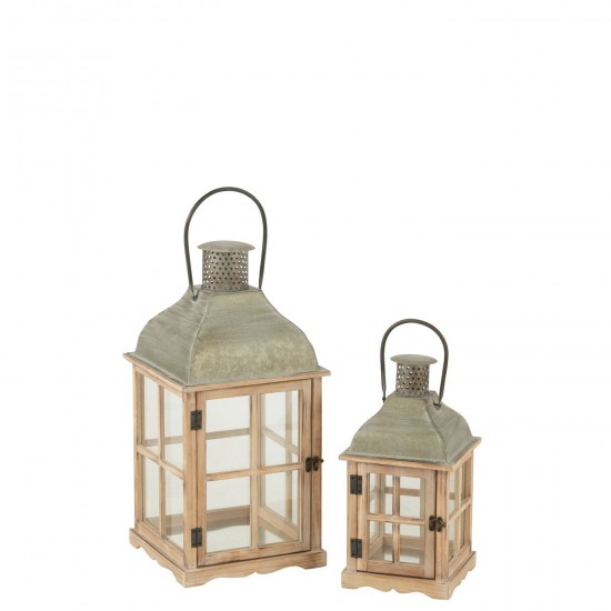 J Line Set 2 Lanterne Maisons Bois De Sapin Metal Naturel Gris L28xB28xH67 cm JLine 50762 by Jolipa 50762.