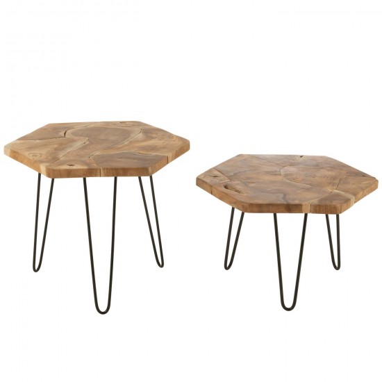 Jolipa Set 2 Tables Gigognes Hexagone Bois De Teck Metal Naturel.