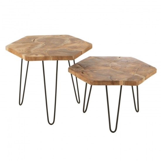 J Line Set 2 Tables Gigognes Hexagone Bois De Teck Metal Naturel L60xB60xH60 cm JLine 50987 by Jolipa 50987.