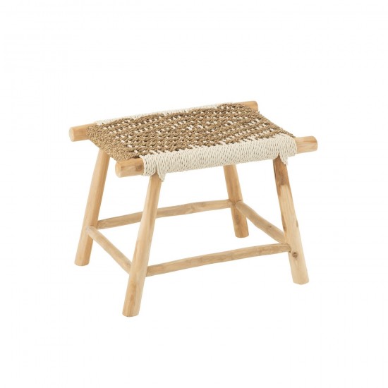 J Line Tabouret Waverly Bois De Teck Jonc De Mer Naturel Blanc L60xB38xH45 cm JLine 50988 by Jolipa 50988.