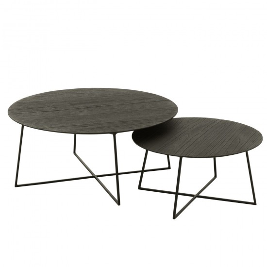 J Line Set 2 Tables Gigognes Rond Bois Teck Metal Noir L80xB80xH35 cm JLine 50992 by Jolipa 50992.
