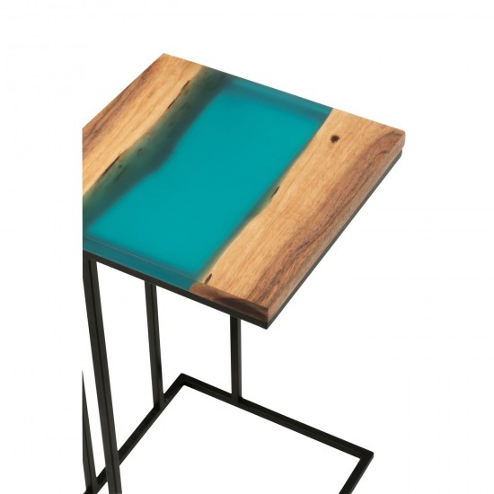 J-Line J Line tables d appoint bouts de canapé Table D Appoint Carre Bois D Acacia Resine Naturel Bleu.