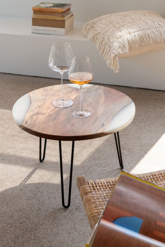 Jolipa Table D Appoint Rond Bois D Acacia Resine Naturel Blanc.