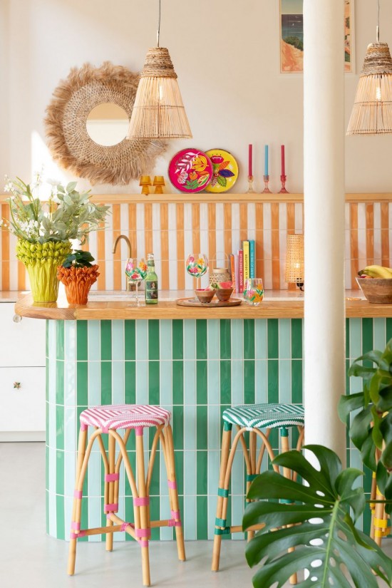 J-Line J Line tabourets ronds Tabouret Live Rotin Plastique Naturel Rose.