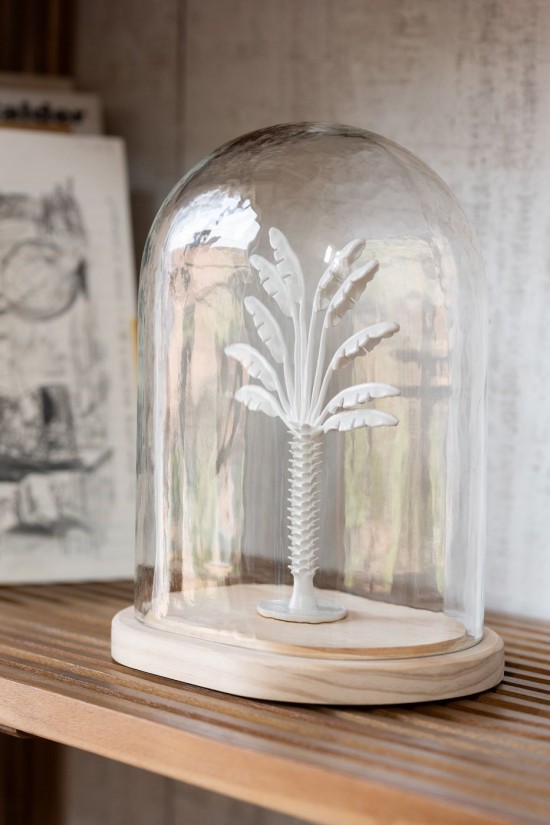 Jolipa Cloche Palmier Verre Métal Blanc Naturel Large.