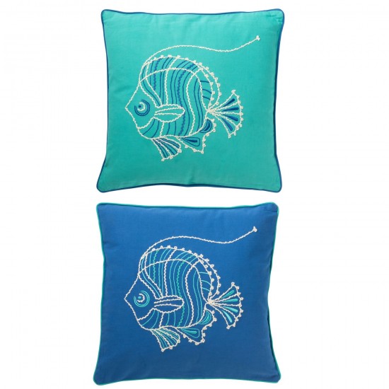 J Line Coussin Carré Poisson Coton Bleu Azur L45xB45xH15 cm JLine 51693 by Jolipa 51693 Assortiment de 2 pcs.