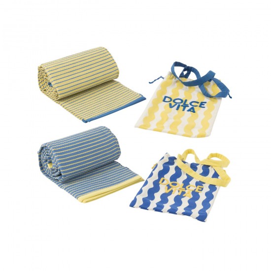 J Line Sac+Tapis De Plage Dolce Vita Coton Plastique Bleu Jaune L90xB180 cm JLine 51713 by Jolipa 51713 Assortiment de 2 pcs.