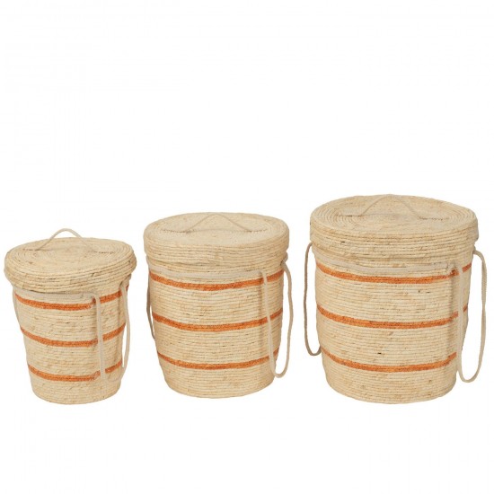 J-Line J Line paniers de rangement Jolipa Set De 3 Panier Lignes Couvercle Maïs Naturel Orange.