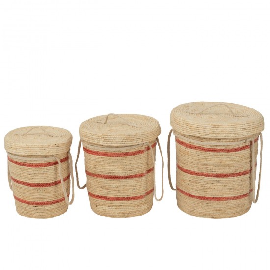 J-Line J Line paniers de rangement Jolipa Set De 3 Panier Lignes Couvercle Maïs Naturel Rouge.