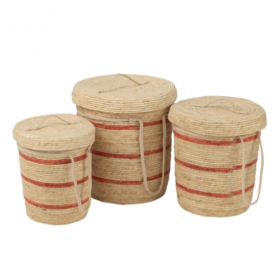 J Line Set De 3 Panier Lignes+Couvercle Maïs Naturel Rouge L40xB40xH46 cm JLine 51756 by Jolipa 51756.
