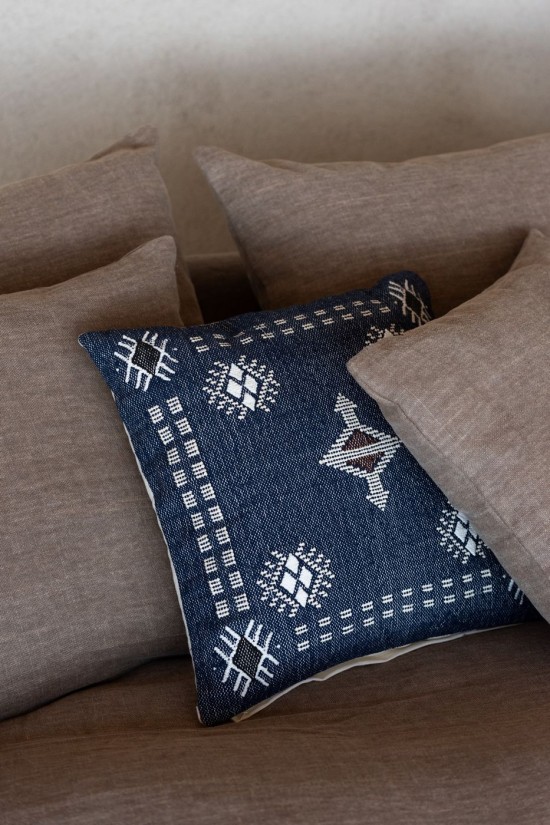 Jolipa Coussin Carré Motifs Éthniques Coton Bleu Foncé Blanc.