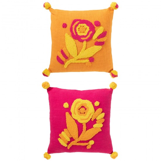 J Line Coussin Carré Broderie Fleur+Pompons Coton Mix L45xB45xH15 cm JLine 51881 by Jolipa 51881 Assortiment de 2 pcs.