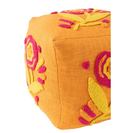 J-Line J Line poufs Jolipa Pouf Carré Fleur Coton Orange Rose Jaune.