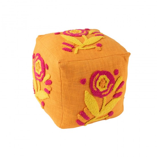 J Line Pouf Carré Fleur Coton Orange Rose Jaune L40xB40xH40 cm JLine 51885 by Jolipa 51885.