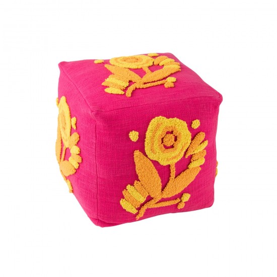 J Line Pouf Carré Fleur Coton Rose Orange Jaune L40xB40xH40 cm JLine 51886 by Jolipa 51886.