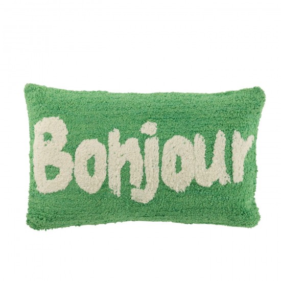 J Line Coussin Bonjour Tufté Coton Vert Blanc L30xB50xH15 cm JLine 51890 by Jolipa 51890.