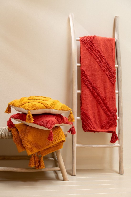 Jolipa Plaid Tufté Floches Coton Rouge Brique.