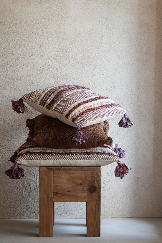 Jolipa Coussin Carré Motif Tressé Chindi Floches Coton Crème Marron.