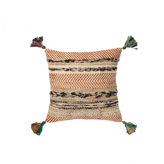 J Line Coussin Carré Motif Tressé Chindi+Floches Coton Crème Marron L45xB45xH15 cm JLine 51904 by Jolipa 51904.