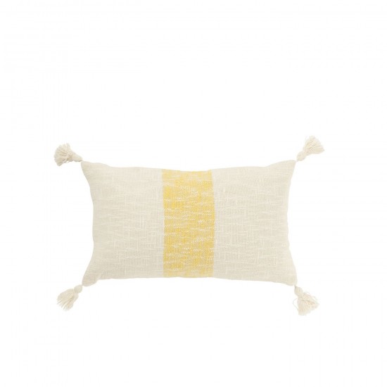 J Line Coussin Rectangle Lignes+Floches Coton Blanc Jaune L30xB50xH15 cm JLine 51914 by Jolipa 51914.