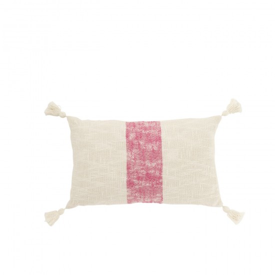 J Line Coussin Rectangle Lignes+Floches Coton Blanc Rose L30xB50xH15 cm JLine 51922 by Jolipa 51922.