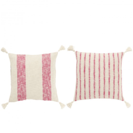 J Line Coussin Carré Lignes+Floches Coton Blanc Rose L45xB45xH15 cm JLine 51923 by Jolipa 51923 Assortiment de 2 pcs.