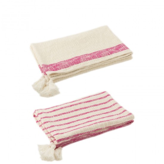 J Line Plaid Lignes+Floches Coton Blanc Rose L130xB180 cm JLine 51924 by Jolipa 51924 Assortiment de 2 pcs.