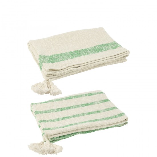 J Line Plaid Lignes+Floches Coton Blanc Vert L130xB180 cm JLine 51928 by Jolipa 51928 Assortiment de 2 pcs.