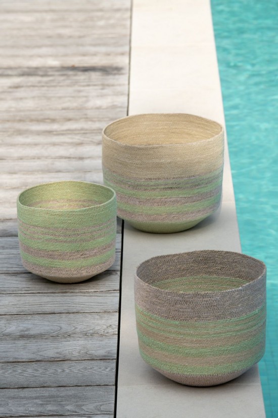 Jolipa Set De 3 Panier Rayures Jonc De Mer Naturel Vert.