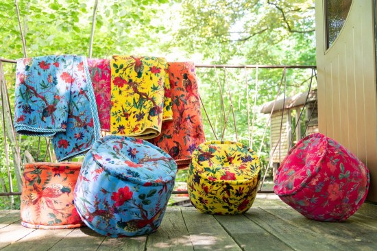 Jolipa Pouf Rond Oiseaux Fleurs Velours De Coton Jaune.