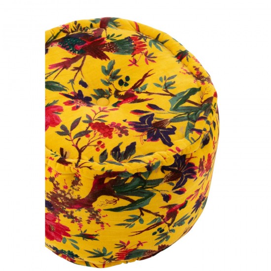 J-Line J Line poufs Jolipa Pouf Rond Oiseaux Fleurs Velours De Coton Jaune.