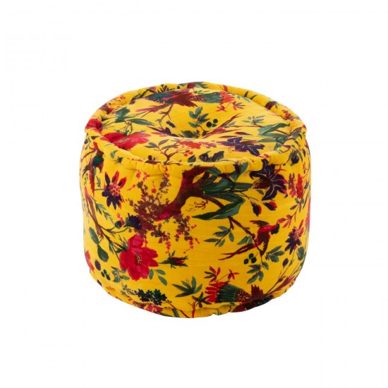 J Line Pouf Rond Oiseaux Fleurs Velours De Coton Jaune L40xB40xH30 cm JLine 51965 by Jolipa 51965.